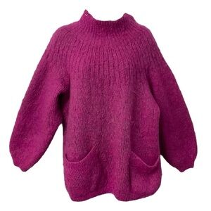 Studio Hand Knit Mohair Fuchsia Sweater SZ L Women Oversized Turtleneck Grunge